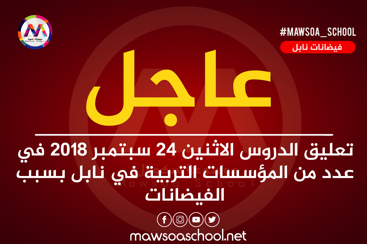 تعليق الدروس الاثنين 24 سبتمبر 2018 في عدد من المؤسسات التربية في نابل بسبب الفيضانات