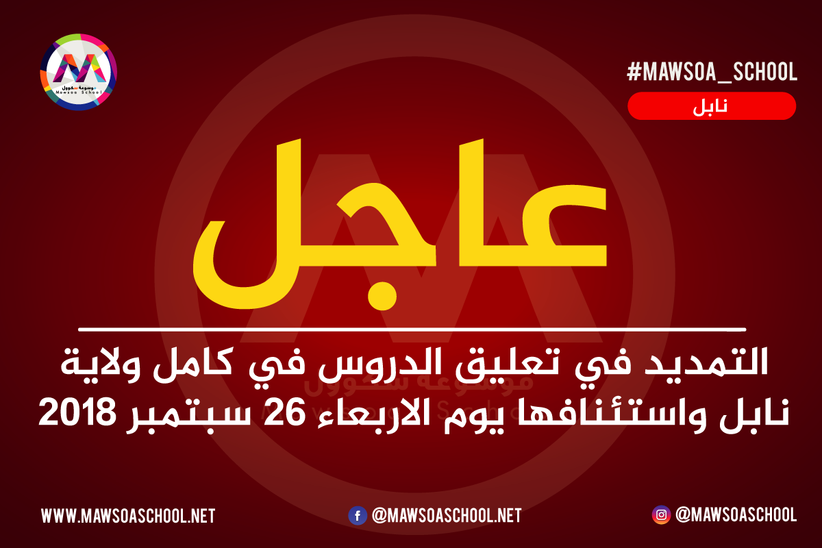 عاجل: تمديد تعليق الدروس بكامل ولاية نابل واستئنافها يوم الاربعاء 26 سبتمبر 2018