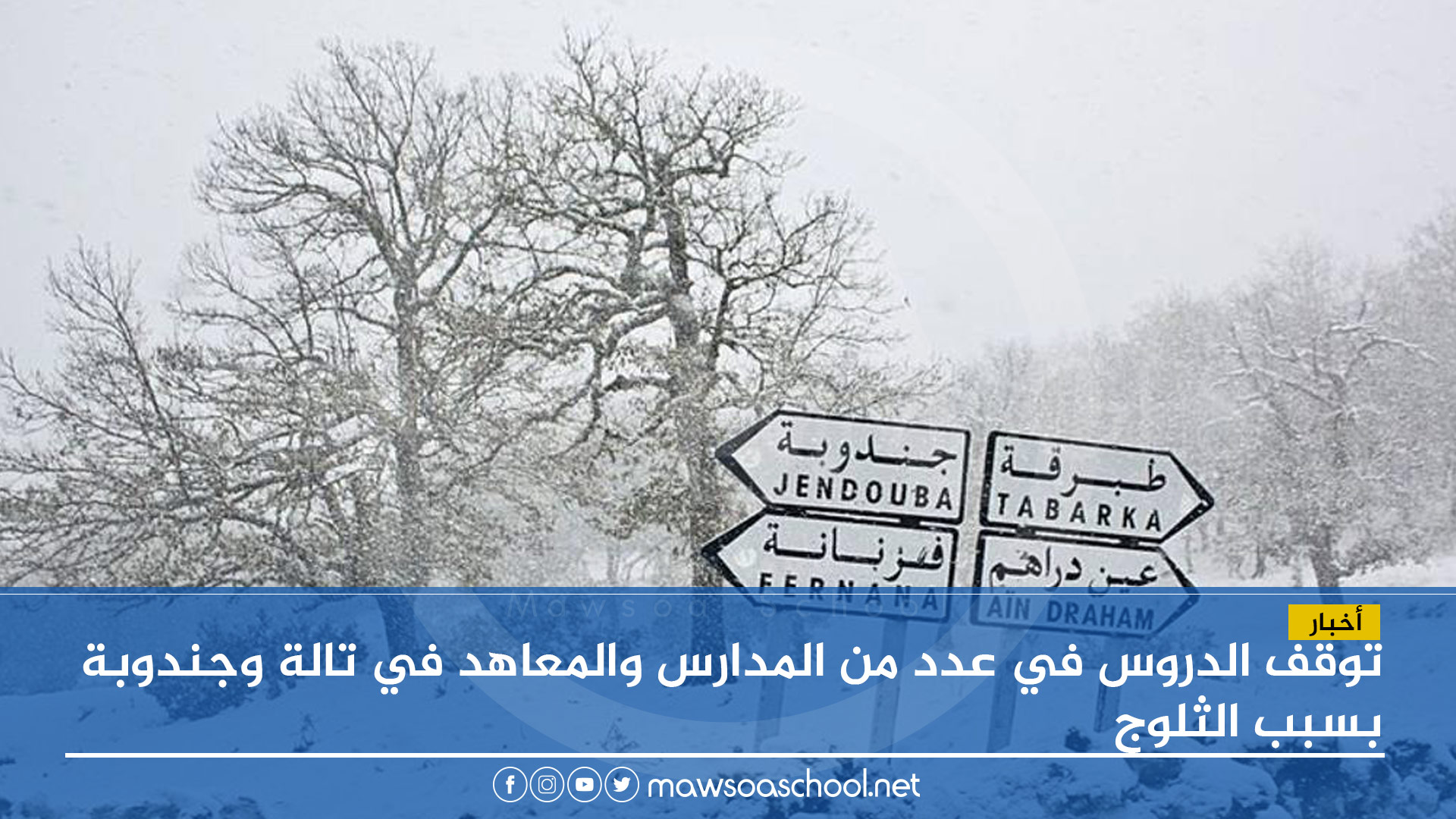 توقف الدروس في عدد من المدارس والمعاهد في تالة وجندوبة بسبب الثلوج